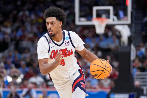 Mississippi forward Jaemyn Brakefield handles the ball during the first half against North Carolina in the first round of the NCAA college basketball tournament Friday, March 21, 2025, in Milwaukee, Wis. (AP Photo/Kayla Wolf)