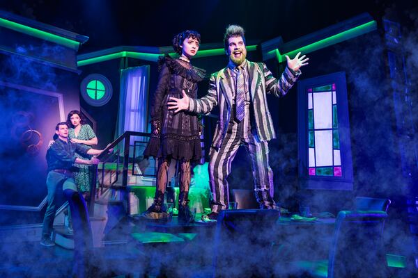 Will Burton (as Adam), Britney Coleman (as Barbara), Isabella Esler (as Lydia) and Justin Collette (as Beetlejuice) in "Beetlejuice: The Musical." Photo by Matthew Murphy