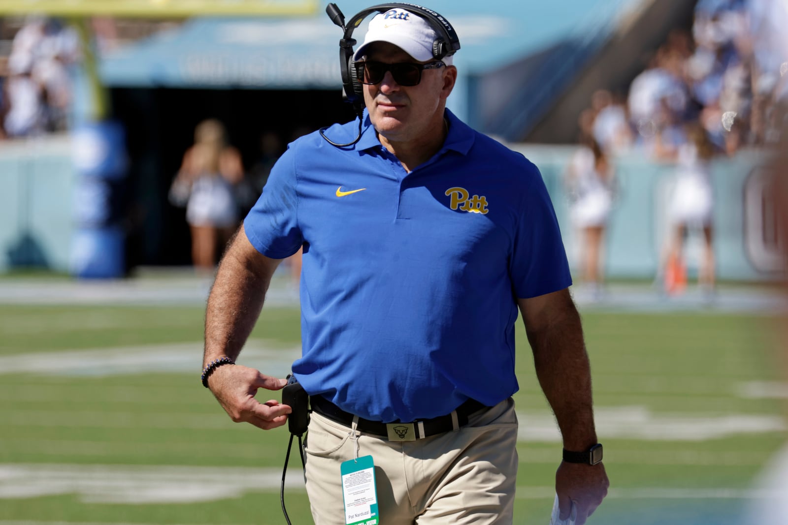 Pittsburgh head coach Pat Narduzzi walks the sideline during the first half of an NCAA college football game against North Carolina, Saturday, Oct. 5, 2024, in Chapel Hill, N.C. (AP Photo/Chris Seward)