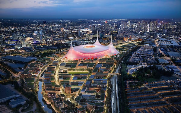 This undated and computer-generated picture, issued by Manchester United, shows an exterior view of the planned new Manchester United stadium. (Foster + Partner via AP)