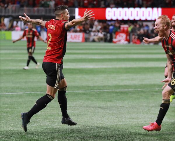 12/8/18 - Atlanta - Atlanta United player Franco Escobar reacts to scoring his goal against the Portland Timbers for a 2-0 lead in the MLS Cup, the championship game of the Major League Soccer League at Mercedes-Benz Stadium in Atlanta.   CURTIS COMPTON / CCOMPTON@AJC.COM