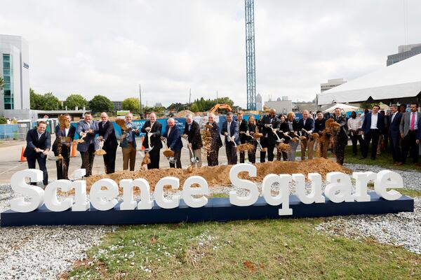 Georgia Tech President Ángel Cabrera (center), alongside elected officials and special guests, participated in the groundbreaking of Georgia Tech’s Science Square. Science Square is a development by Trammell Crow Company, High Street Residential, and Georgia Tech. Miguel Martinez / miguel.martinezjimenez@ajc.com