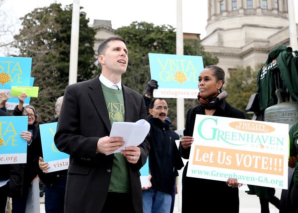 Andrew Flake, a board member for Vista Grove, speaks at a rally outside the Georgia Statehouse on Monday. (Photo: EMILY HANEY/EMILY.HANEY@AJC.COM)