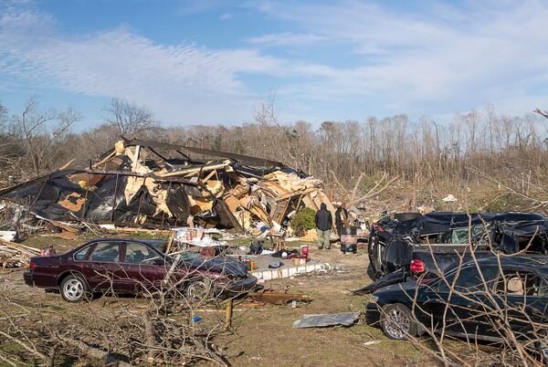 A double-wide home sits destroyed following a possible tornado in Talbotton, Monday, March  4, 2019. Keith Stellman, head forecaster for the National Weather Service, said during the presser that the path of destruction in the town looked to be caused by an EF2 tornado, although that wasn't confirmed during the governor's tour.  (ALYSSA POINTER/ALYSSA.POINTER@AJC.COM)