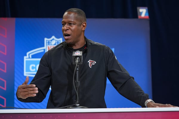 Falcons head coach Raheem Morris speaks during his Tuesday press conference at the NFL football scouting combine in Indianapolis.