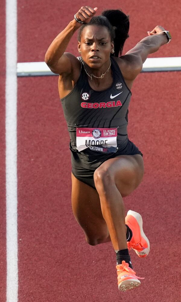 Jasmine Moore competes during the finals of the women's triple jump at the U.S. Olympic Track and Field Trials Sunday, June 20, 2021, in Eugene, Ore. (Charlie Riedel/AP)