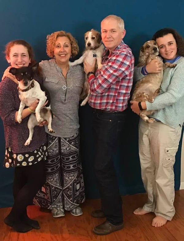 The McKerley family: from left, Arden with Picasso, Heidi, Jeff with Beckett and Hannah Rose with Roxie.