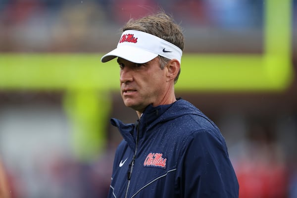 Mississippi head coach Lane Kiffin is seen during the pregame of an NCAA college football game against Georgia on Saturday, Nov. 9, 2024, in Oxford, Miss. (AP Photo/Randy J. Williams)