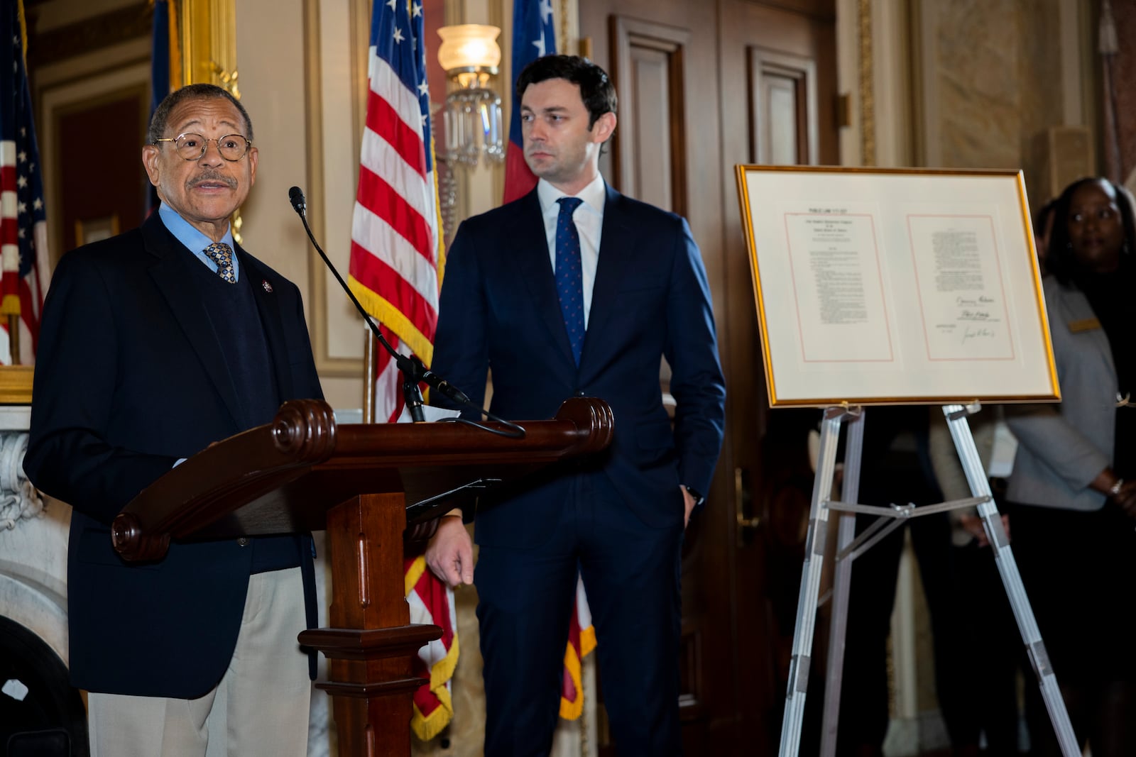 To mark the groundbreaking of an electric vehicle battery manufacturing plant in Bainbridge, made possible in part by federal tax incentives, U.S. Rep. Sanford Bishop (left) held an in-person event while Sen. Jon Ossoff had his own virtual news conference. (Nathan Posner for the Atlanta Journal-Constitution)