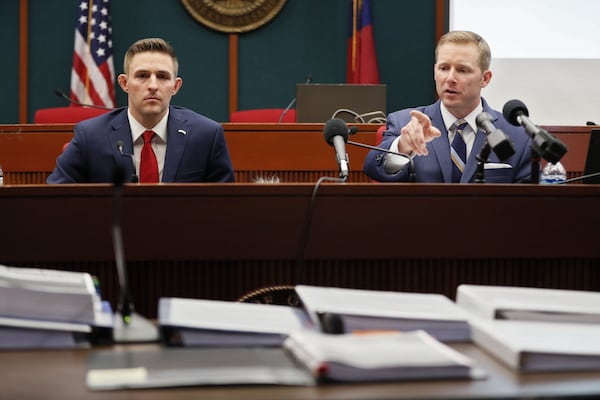 Derek Somerville (right) and Rep. David Clark, R-Buford, held a press conference Wednesday to present results of two months of research by Somerville on House Speaker David Ralston’s case delays in eight counties. Both called on Ralston to resign as speaker. BOB ANDRES / bandres@ajc.com