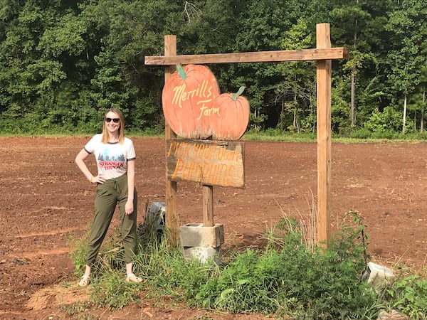 Emma Loggins, editor of FanBolt, during the Upside Down Tour focused on "Stranger Things" sites such as Merrill's Pumpkin Patch in Powder Springs on August 19, 2019. CR: Rodney Ho/rho@ajc.com