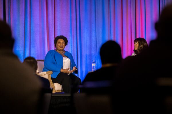 SAVANNAH, GEORGIA - JUNE 11, 2022: Gubernatorial candidate  Stacey Abrams, right, speaks during the Georgia School Board Association Summer conference in Savannah. (Stephen B. Morton for The Atlanta Journal-Constitution).