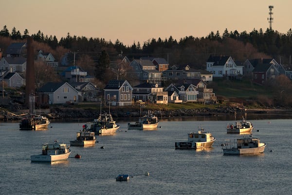 FILE - Lobster boats sit at their moorings in Jonesport, Maine, April 28, 2023. (AP Photo/Robert F. Bukaty, files)