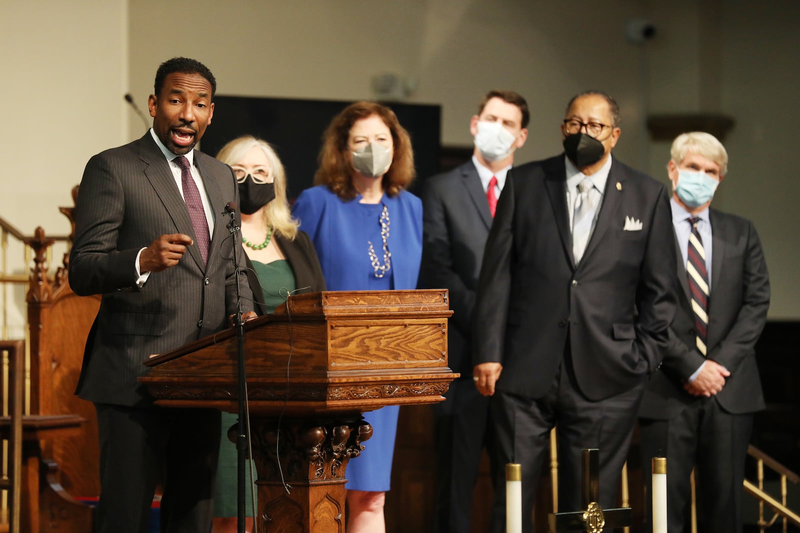 Atlanta Mayor Andre Dickens and Enterprise Community Partners announced Wednesday that Wells Fargo is giving $1.3 million to the Atlanta metro area to 15 faith-based organizations to address the housing shortages. Wednesday, February 23, 2022. Miguel Martinez for The Atlanta Journal-Constitution 