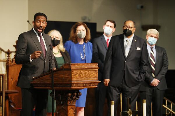 Atlanta Mayor Andre Dickens and Enterprise Community Partners announced Wednesday that Wells Fargo is giving $1.3 million to the Atlanta metro area to 15 faith-based organizations to address the housing shortages. Wednesday, February 23, 2022. Miguel Martinez for The Atlanta Journal-Constitution 