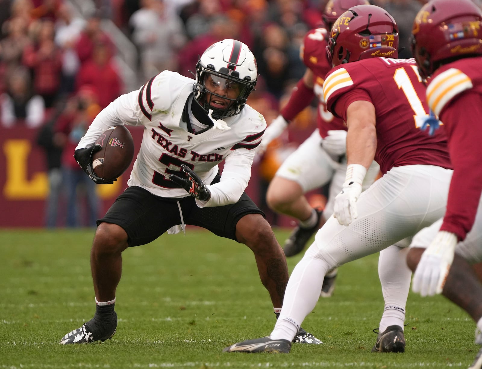 Texas Tech wide receiver Josh Kelly (3) runs the ball against Iowa State during the first half of an NCAA college football game, Saturday, Nov. 2, 2024, in Ames, Iowa. (AP Photo/Bryon Houlgrave)