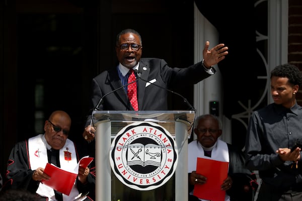 Clark Atlanta University president George T. French Jr. speaks during the interment of its founding president, Thomas W. Cole, at Harkness Hall Monday, April 25, 2022, in Atlanta. (Jason Getz / Jason.Getz@ajc.com)