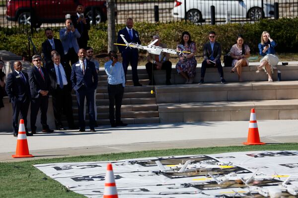 A drone from Wing took off from Liberty Plaza on Tuesday, February 2, 2025, while state lawmakers observed during a demonstration. (Miguel Martinez/ AJC)