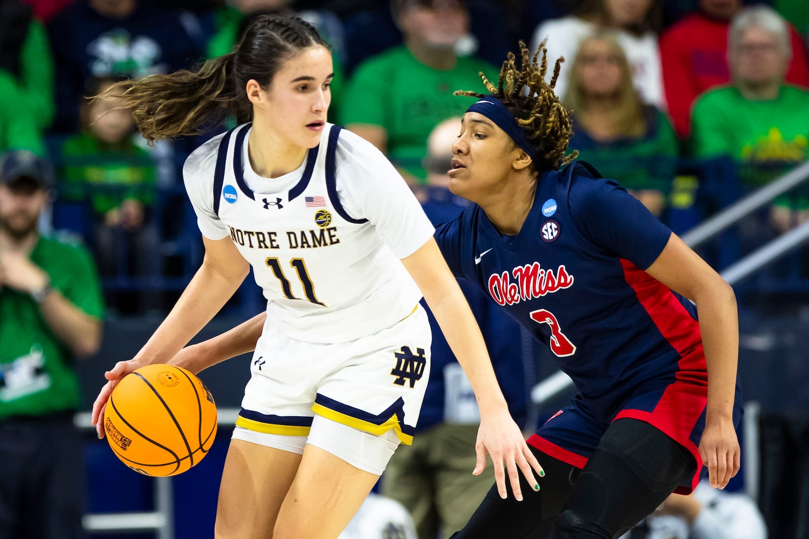 FILE - Notre Dame guard Sonia Citron (11) works against Mississippi' Mississippi guard Kennedy Todd-Williams (3) during the first half of a second-round college basketball game in the NCAA Tournament, March 25, 2024, in South Bend, Ind. (AP Photo/Michael Caterina, File)