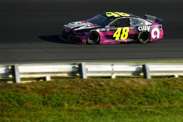 Jimmie Johnson competes in the NASCAR Cup Series auto race at Pocono Raceway, Sunday, June 28, 2020, in Long Pond, Pa. Johnson tested positive for COVID-19 and will miss the July 5 race in Indianapolis. (AP Photo/Matt Slocum)