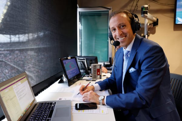 Brandon Gaudin, the team's new play-by-play announcer for Bally Sports South, is seen inside the transmission booth at Truist Park on Thursday, April 6, 2023.
Miguel Martinez /miguel.martinezjimenez@ajc.com