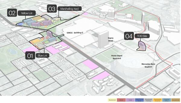 This is a site map within the master plan to redevelop 20 acres of parking lots near the Georgia World Congress Center.