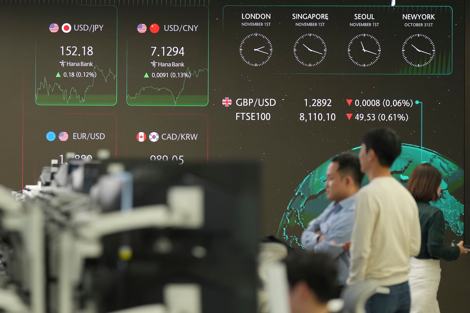 Currency traders talk near the screen showing the foreign exchange rates at a foreign exchange dealing room in Seoul, South Korea, Friday, Nov. 1, 2024. (AP Photo/Lee Jin-man)