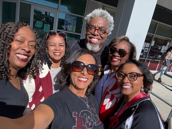 AJC Race and Culture Reporter Ernie Suggs (center) catches up with members of the Alpha Lambda Chapter of Delta Sigma Theta at N.C. Central's 2024 homecoming. (Ernie Suggs/AJC)