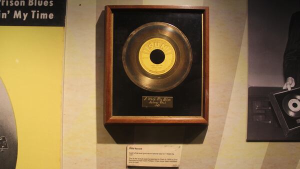 Johnny Cash's first gold record for "I Walk the Line" on display at The Johnny Cash Museum in Nashville, Tennessee.