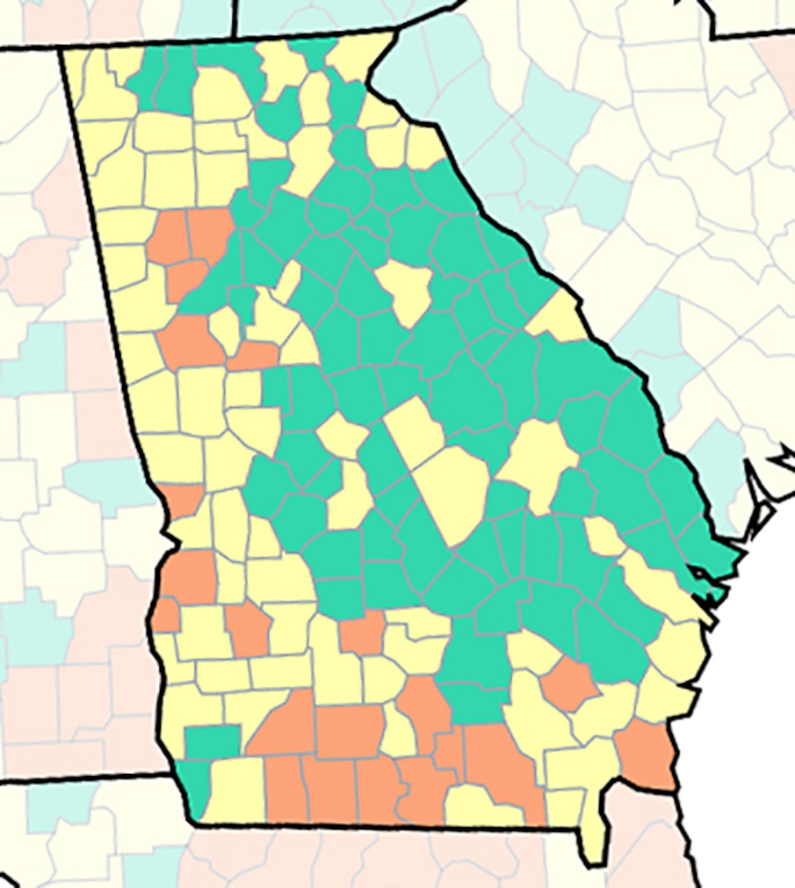 Georgia's COVID-19 community levels for July 7, 2022, as calculated by the Centers for Disease Control and Prevention. The community levels (green = low; yellow = medium; orange = high) are calculated using three metrics: new COVID hospitalizations per 100,000 people, current hospitalizations and new COVID infections. (CDC). Counties with high levels in metro Atlanta include Cobb, Douglas, Paulding, Coweta and Spalding counties.