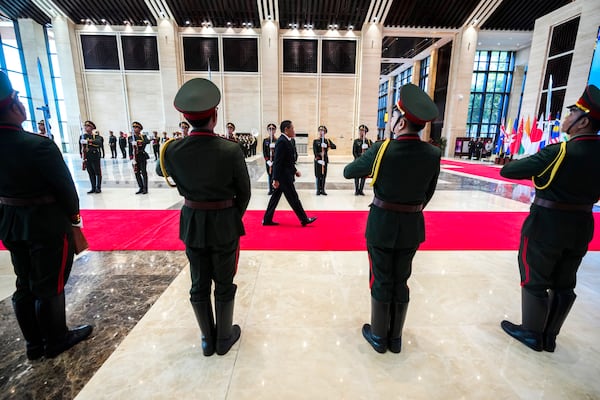 Indonesian Vice Defense Minister Donny Ermawan Taufanto arrives to attend the ASEAN Defense Ministers' Meeting in Vientiane, Laos, Wednesday, Nov. 20, 2024. (AP Photo/Anupam Nath)