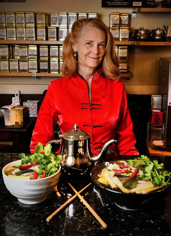 Connie Miller, owner of ZenTea in Chamblee, poses with her Asian Noodle Oolong Tea Soup (same soup in both bowls). (Styling by Connie Miller / Chris Hunt for the AJC)