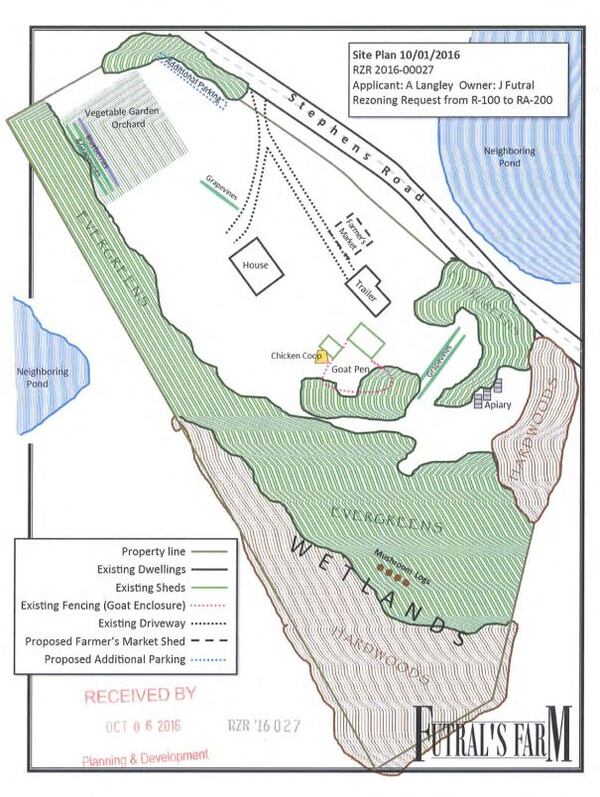 According to documents, owners of the proposed farm would keep "bees, chickens, goats and a guard donkey for personal utility," offer the public "pick-your-own" muscadines and blueberries and sell fruits, vegetables and "bee by-products" at an on-site farmer's market.
