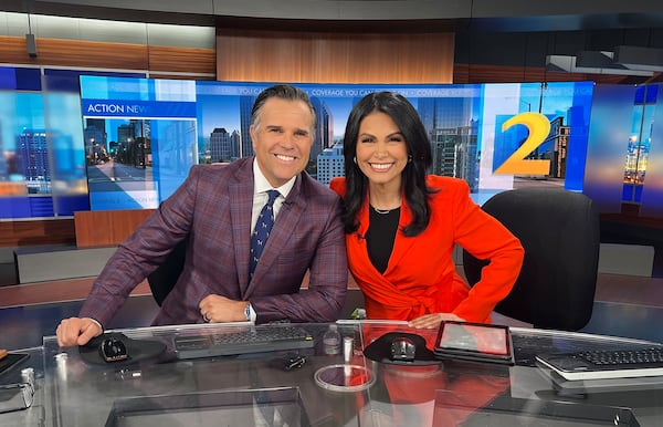 Justin Farmer on his final day as anchor at WSB-TV with Wendy Corona on Nov. 26, 2024. CONTRIBUTED