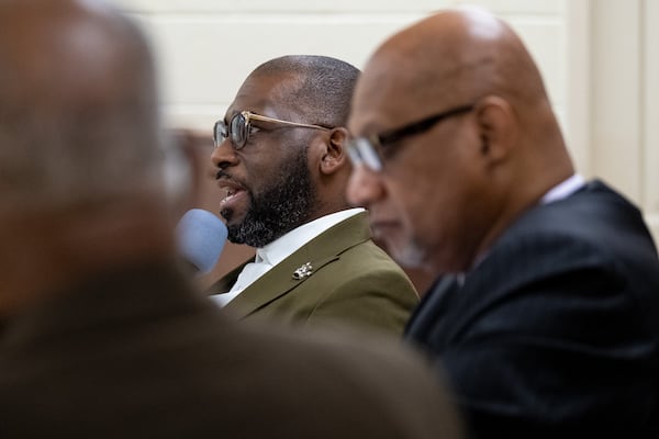 Dr. Jamal Bryant, with New Birth Missionary Baptist Church, speaks during a press conference held by faith leaders Wednesday morning, October 28, 2020, in the basement of Big Bethel AME Church to urge people to vote and to speak out against voter suppression and intimidation. BEN GRAY / FOR THE AJC