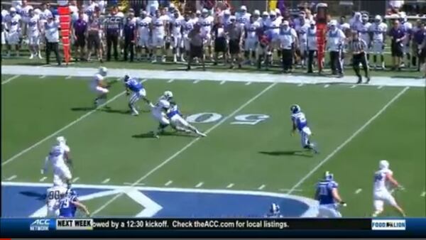 Duke wide receiver Max McCaffey attempts a cut block on a Northwestern defensive back last Saturday at Wallace Wade Stadium. (ACC Network)