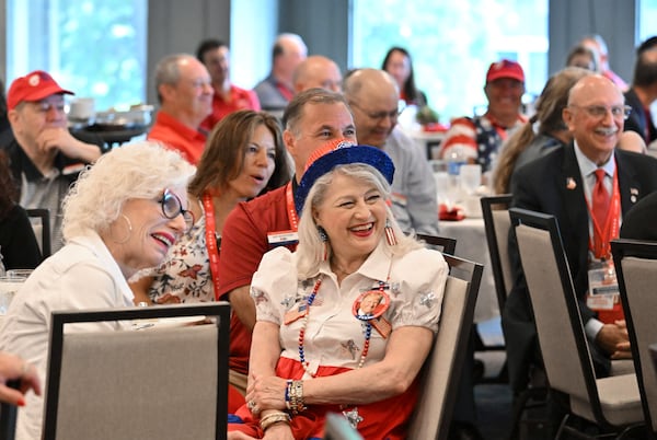 Georgia delegates react as they listen to US Rep. Mike Collins’s speech during the start of the last day of Georgia delegation breakfast at Lake Lawn Resort, Wednesday, July 17, 2024, in Delavan, WI. (Hyosub Shin / AJC)