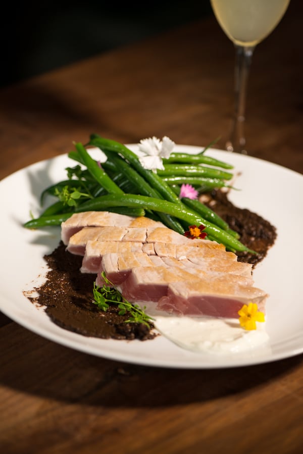  Rose + Rye Chicken Seared Tuna with Chilled rare yellowfin tuna, haricot vert, cured olive puree, and cold smoked yogurt. / Photo credit- Mia Yakel.