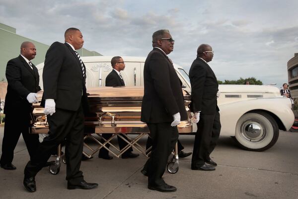  The remains of Aretha Franklin arrive at the Charles H. Wright Museum of African-American History where she will lie in repose for a second day of public viewing on Aug. 29, 2018 in Detroit, Michigan. Franklin's funeral will be held Friday at Greater Grace Temple.  (Photo by Scott Olson/Getty Images)