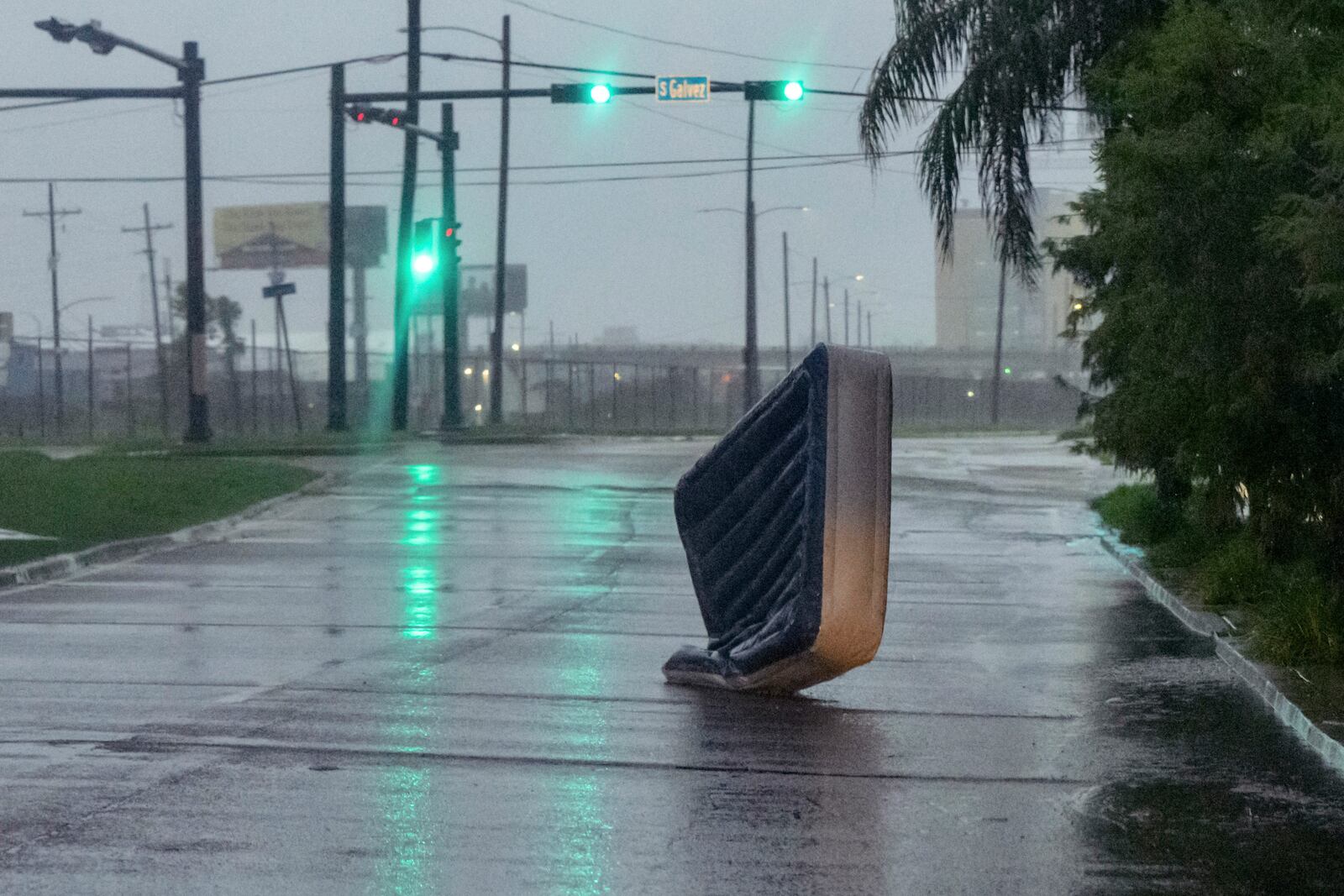 An air mattress blows in wind from Hurricane Francine in New Orleans, Wednesday, Sept. 11, 2024. (AP Photo/Matthew Hinton)