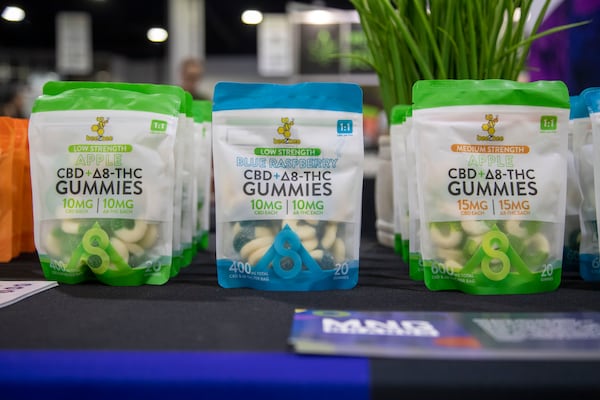 In this file photo, flavored CBD gummies were displayed at a booth during the USA-CBD Expo at the Georgia World Congress Center.