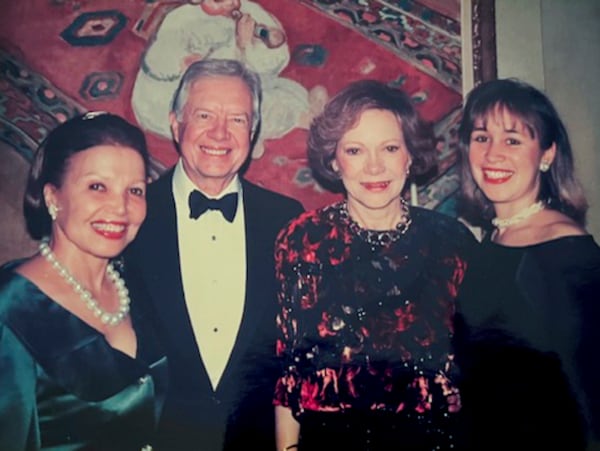 
                        A photo provided via Mason Family shows from left: Alice Mason, former President Jimmy Carter, Rosalynn Carter, and Alice Mason’s daughter Dominique Richard, at an event in the late 1990s. Mason, a real estate broker and hostess whose talent at social engineering reworked the populations of Manhattan’s most restrictive co-ops — the tony apartment buildings that lined Park and Fifth Avenues — and for a time altered the nightlife of what used to be known as New York society, died on Jan. 4, 2023, at her home in Manhattan. She was 100. (via Mason Family via The New York Times) -- NO SALES; FOR EDITORIAL USE ONLY WITH NYT STORY SLUGGED OBIT MASON BY PENELOPE GREEN FOR JAN. 11, 2024. ALL OTHER USE PROHIBITED. --
                      