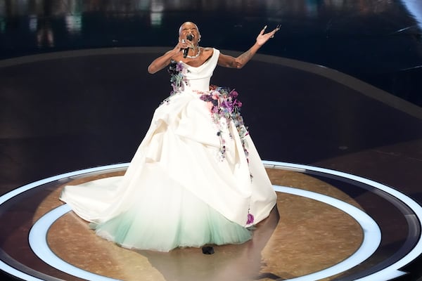 Cynthia Erivo performs "Defying Gravity" during the Oscars on Sunday, March 2, 2025, at the Dolby Theatre in Los Angeles. (AP Photo/Chris Pizzello)