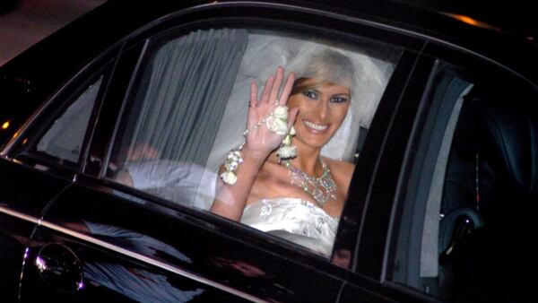 Melania Trump waves after marrying Donald Trump at The Episcopal Church of Bethesda by-the-Sea in Palm Beach in January 2005. (Jeffrey Langlois / Palm Beach Daily News)