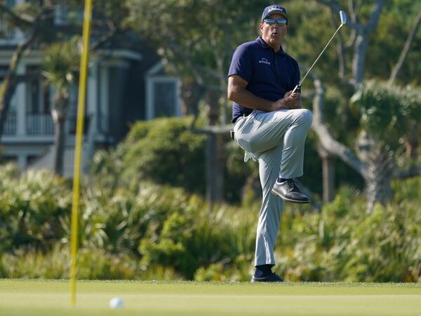 Phil Mickelson misses a putt on the 11th green during the final round at the PGA Championship on the Ocean Course, Sunday, May 23, 2021, in Kiawah Island, S.C. (Matt York/AP)