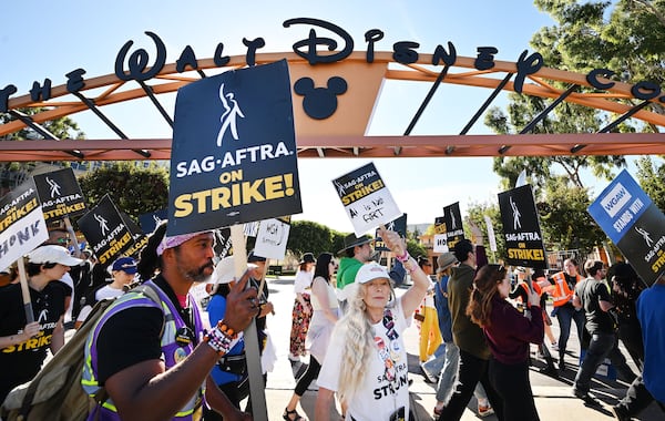 Actress Frances Fisher along SAG-AFTRA members and supporters pickets outside Disney Studios on Day 111 of their strike against the Hollywood studios, in Burbank, California, on Nov. 1, 2023.  (Frederic J. Brown/AFP/Getty Images/TNS)