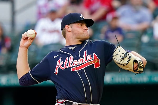 Atlanta Braves starting pitcher Bryce Elder throws during the first inning of the team's baseball game against the Texas Rangers in Arlington, Texas, Saturday, April 30, 2022. (AP Photo/LM Otero)