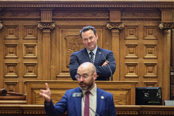 Lt. Gov. Burt Jones smirks as Sen. Josh McLaurin, D-Sandy Springs, speaks at the Georgia State Capitol on Thursday, March 6, 2025. (Natrice Miller/ AJC)