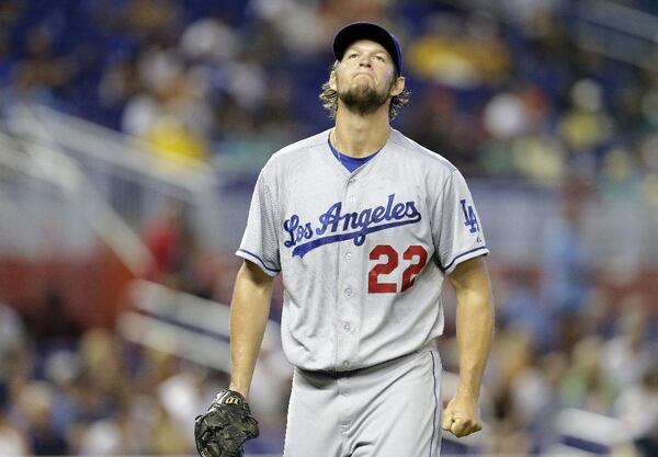 2-time reigning Cy Young Award winner Clayton Kershaw has put up relatively pedestrian statistics this season. He faces the Braves and Julio Teheran tonight. (AP photo)