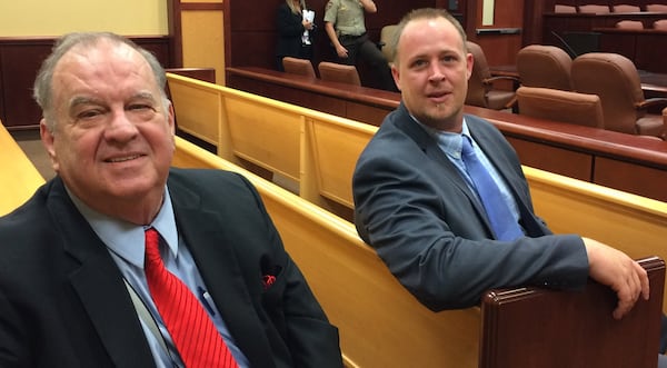 Mark Thomason, right, and his lawyer Russell Stookey at the Gilmer County courthouse in 2016. (Rhonda Cook / AJC)